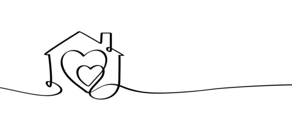 漫画の愛の家のラインパターン ホームアイコンまたはシンボル 連続線画1点 建物や家のロゴ ハートアイコン ホーム甘い家 — ストックベクタ