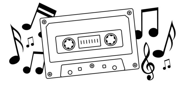 漫画プラスチック古いオーディオレコードカセット カセットテープのシンボルまたはアイコンを描画します レトロな音楽テープカセット 1970年代 1980年代のスタイル 無料のコピーのために 70年代 80年代 90年代のヒット曲 ミックステープ — ストックベクタ