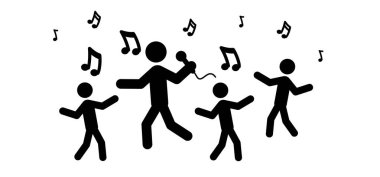 Çizgi film çifti. Zıpla, bahar, dans ve mutlu stickman insanları. Zıplayan insan figürü. Parti zamanı. Zıpla, müziği atla. Dansçılar ikonu. Disko radyo sembolü.