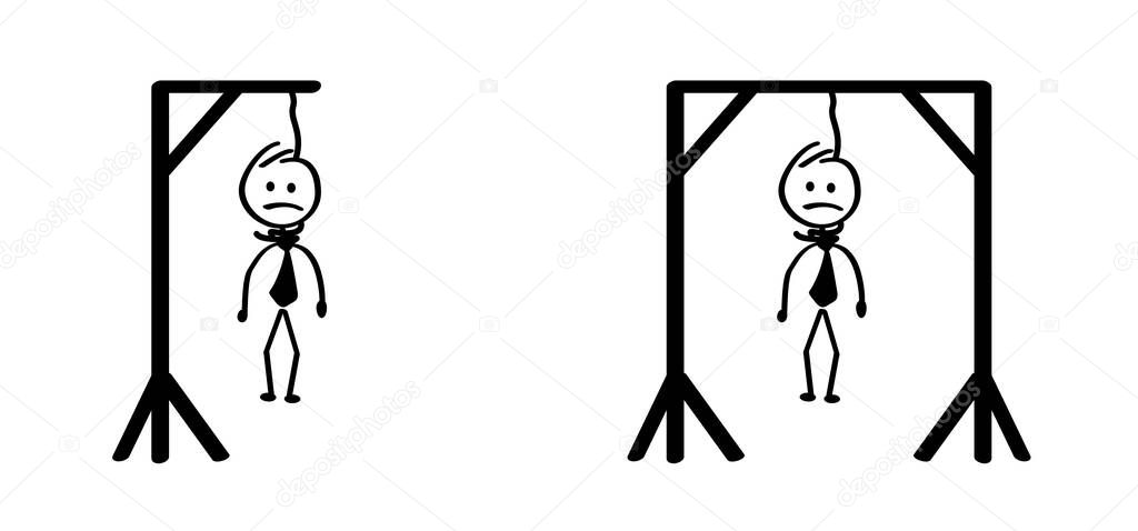 Cartoon stickman stick figure man. Vector Gallow symbol. Gallows glyph icon or logo, hang and knot, rope sign. the boss, hangman noose knot. Drawing happy people.