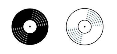 Çizgi film vinili ya da İp simgesi. DJ sembolü. Retro vinil plak logosu. Eski müzik tabağı karalaması. Fonograf, turntable için ses diski. Müzik çalar, analog müzik kaydı. Gramofon etiketi ve rozeti.