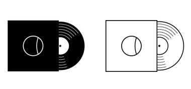 Çizgi film vinili ya da İp simgesi. DJ sembolü. Retro vinil albüm. Müzik plakası, kapak ya da zarf. Pikabın, pikabın. Müzik çalar, analog müzik kaydı. Gramofon etiketi ve rozeti.