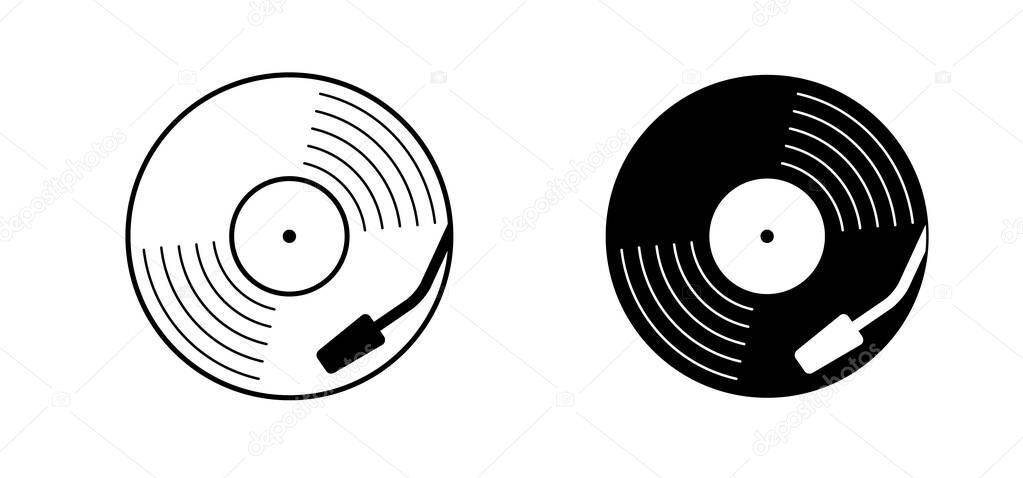 Cartoon vinyl or Lp icon symbol. dj symbol. retro vinyl record album. Old music plate doodle. Phonograph, audio disk for turntable. Music player, analog music recording. Gramophone label and badge.
