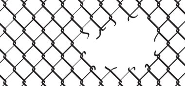Yırtılmış çelik tel zincir. Zincirli tel. Güvenlik çiti deseni. Kusursuz zincir çit ağı yırtılmış. Kablo örgüsü çelik ikonu. Şebeke metal zincir halkası. Metalik tel örgüler. Delikli Rabitz.