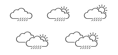 Rüzgâr esintisi sembolü. Bulut, güneş, ay, rüzgar, yağmur, kar, hava durumu ikonu. Piktogram fırtınası. Dumanlı akıntı. Rüzgar izleri var. Rüzgar yolları esiyor. Rüzgarlı hava, hava tahmini. Kar Tanesi simgesi