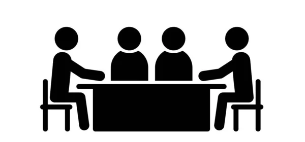 漫画のスティックマン スティックフィギュア 人々はテーブルで話しているか 仕事をしている 学校か台所のテーブル 労働者は上司に話しかける ビジネスランチ ミーティング コミュニケーション交渉 — ストックベクタ