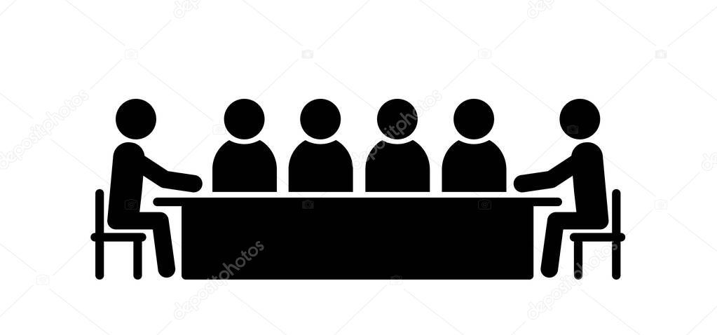 Cartoon stickman, stick figure. the people are talking at the table, or to work. School or kitchen table. Workman talk to boss. Business lunch, meeting, communication negotiating.