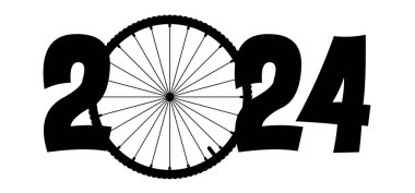 Mutlu yıllar 2024. Çizgi film tekerlek izi. Spor ikonu. Bisikletçi logosu ya da piktogram. Bisiklet veya bisiklet jantları sembolü. 2024 takvim, gün.