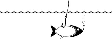 Balık kancası ya da balık kancası. Balık oltası izi. Vektör deniz, okyanus ya da su hayvanı işareti. Balık sembolü. Kedi maması. Balık tutmaya git. Mesaj iletmek için konuşma balonu. Konuşan bulutlar. Balık tutmayı seviyorum..