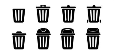 Dustbin. Drawing litter basket or litterbin. Clean up and trashcan, Waste bin. Cleaning tools. Container logo or pictogram. Recycle, remove, delete box. Wheelie bin. Garbage bag, container. Recyclable materials