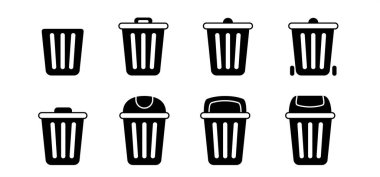 Drawing litter basket or litterbin. Clean up and trashcan, Waste bin. Cleaning tools. Container logo or pictogram. Recycle, remove, delete box. Wheelie bin. Garbage bag, container. Recyclable materials