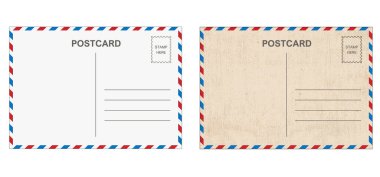 Arkası boş, kirli lekeli bir kartpostal. Vector Air posta pulları, par avion posta pulları, eski kartpostallar. Arka taraf şablon etiketini boşalt. Posta seti, parmak izi adresi, iz sürme. Hava postası, posta