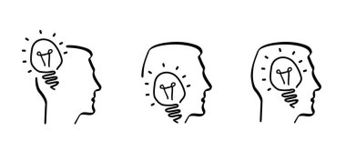 Yeni fikrin çizgi film konsepti. Kafasında ampul hattı simgesi olan bir kafa. Komik beyinli elektrikli lamba fikirleri. Eğlenceli vektör yaratıcı ampul, parlak ampul eğitimi ya da icat piktogramı. iş yükleme ilham verici.