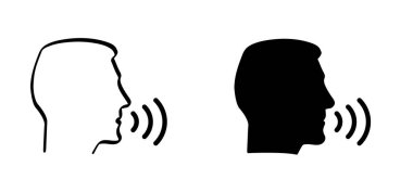 Çizgi film yüz profili konuşma ikonu. Konuşma konuşması simgesi siluet kafaları. Profilin başı konuşuyor, iletişim piktogramı. İnsanların yüzü simge ya da simge gibi konuşuyor. Yardımcı vektör simgesi. Ses işareti.