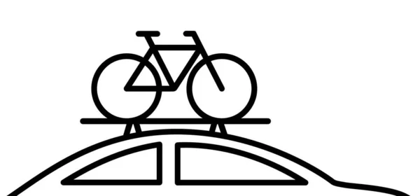 漫画のカーサイドビューと自転車 休日に車でサイクリストや自転車 休暇のスポーツタイム 屋根ラックに自転車がある車 道路や都市の観光客のために 自転車屋根ラック付きサイクル — ストックベクタ