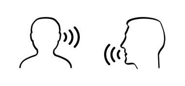 Çizgi film yüz profili konuşma ikonu. Konuşma konuşma ikonu siluet başlıkları. Profilin başı konuş ve dinle, iletişim piktogramı. İnsanların yüzü konuşuyor ya da simge ya da işaret sesi duyuyor. Vektör ses işareti.