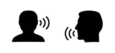 Çizgi film yüz profili konuşma ikonu. Konuşma konuşma ikonu siluet başlıkları. Profilin başı konuş ve dinle, iletişim piktogramı. İnsanların yüzü konuşuyor ya da simge ya da işaret sesi duyuyor. Vektör ses işareti.