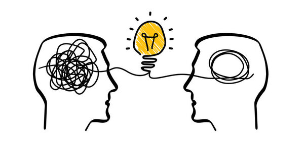 Лампа, идея лампочки. Мозговой штурм и решение психических проблем, концепция психотерапии. Неразбериха или отсутствие порядка. Мозги с запутанным узлом и порядком в голове одного человека. Скриблс. Путь хаоса.