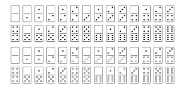 Domino taşları. Klasik domino taşları, domino taşları. Oyun oynuyoruz, oyunun parçaları kemik kiremitleriyle dolu. Siyah, beyaz domino taşı. Düz tahta vektör seti. 28 parça. Kumarda beyaz domino taşı.. 