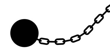 Çizgi film teslim tarihi ikonu. Ya da köle demiri, mahkum, sorunlar, mahkum, özgürlük, borç, bağımlılık özgürlüğü, özgürlük, kölelik ya da kötü alışkanlıklar kavramı. Zincir ve top, pranga. Hapishane topu ve ayraç