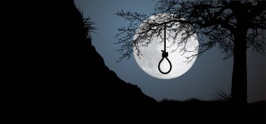 İple darağacı. Hat düzeni. Halat halatı. Darağacında iple ip sallandırılmış ve düğüm atılmış. Halat ilmikle bağlanmış. Cellat düğümü. Cadılar Bayramı, ölü ikon. Suport ve depresyon terapisi intihar konsepti.