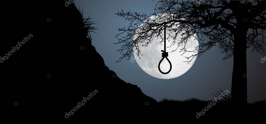 Gallows with rope noose. Line pattern. Rope loop. Gallows hanging noose rope and tied knot. Rope knotted in noose. Hangman knot. Halloween, dead icon. suport and depression therapy suicide concept.