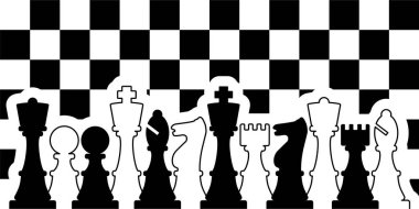 Satranç taşları, kule fili, kral kraliçe satranç tahtası vektör ikonu ya da sembol parçaları düz stil başlangıç figürleri turnuva stratejisi silüet dama tahtası. Kare denetleyici