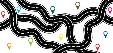 Virajlı yol. Beyaz işaretli kıvrımlı bir yol. GPS iğneli ya da iğneli bir yol. Kavisli yol ya da asfalt yol ya da şehir sokağı. Dönüş rotası şablonu. Düz parçalar yol dalgalı. Yol dalgası.
