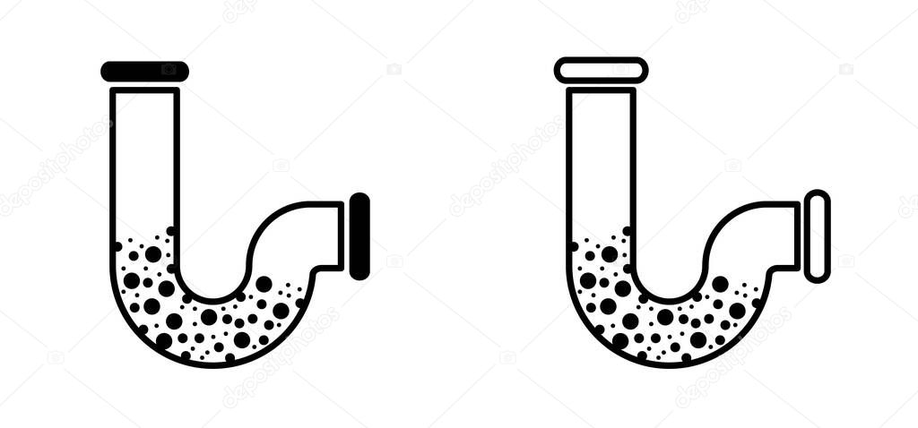 Drain cleaning icon. Clogged pipe line. Plumbing. Drain pipe clogged with mud or dirt. Clogged sink pipes. Kitchen sink logo. Canalization Problem, waterway for repair. Cleaner sewage. Service concept