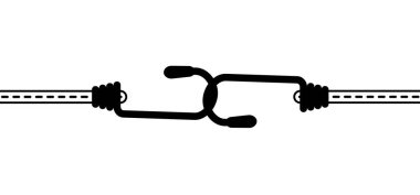 Çizim karikatürü, kancalı elastik. Kancalarla kordon. Bungee Spider işareti. İp simgesi. Kancalı örgülü elastik kayış için. Lastik bant. Bungee kordonları. Çelik kancalı lastik kayış. Araba ya da bisiklet için..