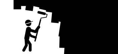 Çizgi film stickman, boya silindirli çöp adam. Vektör evi tadilatı ya da ev tadilatı. İnsanlar duvarın içini boya rulosu ile boyarlar ve tamir ederler. Tamirci, araç simgesi.