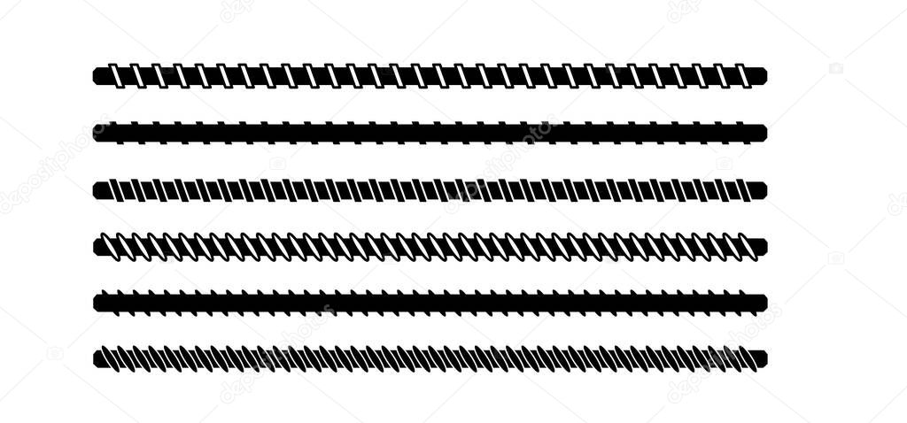 Long, screw thread, line pattern. Spare parts, screw parts. Thread tools. Metal screws for bolts with tightened nuts. Clamp screw bolt icon. Screws and cogs. Tools for fixing and repairing. Stainless