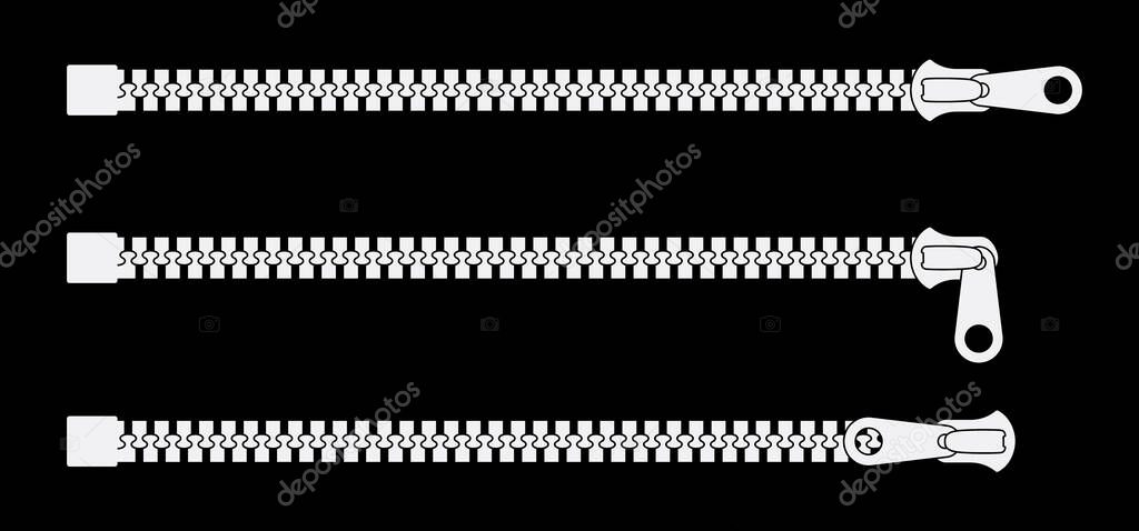 Cartoon zip fastener with zipper puller. Clasp for clothes. Clothing accessories and zip types. Zippers. Set of closed and open zip with fastener. Unzip, closed zipper locks. Sewing zip line icon.