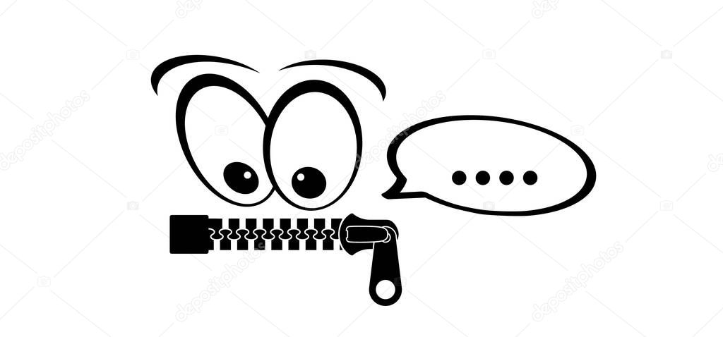 Cartoon mouth, zipper face. Zip fastener with zipper puller. Keeping quiet, silence concept. Keep a secret icon. zippered mouth. closed or open Zippers. Unzip, zipper locks. No speak or talking.