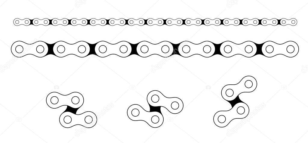 Cartoon silhouette of the chain for bike or bicycle. Cycling line pattern. Motorcycle chain links symbol. Bicycle chains icon. Chain machine sign. Gear machine.