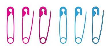 Yeni doğmuş. Çizgi film kızı ya da mavi, pembe bebek rozeti. Çengelli iğne. Açıldı ve kapatıldı. Delinmiş ve kesilmiş yol işareti. Vektör güvenli iğne simgesi. Çengelli iğneleri aç ve kapat.