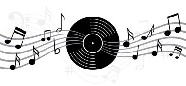 Vinil veya Lp simgesi. Müzik ekibi ve not. DJ sembolü. Retro vinil albüm. Eski bir müzik tabağı. Fonograf, turntable için ses diski. Müzik çalar, analog müzik kaydı. Gramofon etiketi ve rozeti.