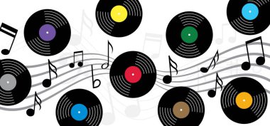 Vinil veya Lp simgesi. Müzik ekibi ve not. DJ sembolü. Retro vinil albüm. Eski bir müzik tabağı. Fonograf, turntable için ses diski. Müzik çalar, analog müzik kaydı. Gramofon etiketi ve rozeti.