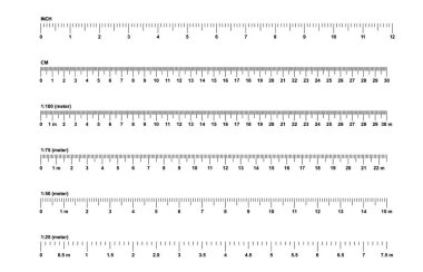 Milimetre cinsinden, santimetre cinsinden bir cetvel ızgarası. Cetvel mm, cm, m ölçeği. Cetvel için ölçü çubuklarını ölçen metrik birimler. Ölçek 1: 100, 1: 75, 1: 50 ve 1: 25. mezura. Araç işareti