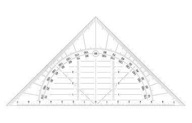 Üçgen cetvel ya da kare. İletki simgesi. Milimetre cinsinden bir cetvel ızgarası. 0, 45 ve 90 derece. Cetvel mm, cm ölçekli. Cetvel için ölçü çubuklarını ölçen metrik birimler. Okul araçları işareti.