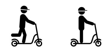 Bisiklete binmek, sokakta ya da yolda yürümek. Çocuk bisikleti işareti. Şehir bisiklet ikonu. Elektrikli scooter motorcusu. Çocuk bisikletçisi. E scooter logosu. Modern ekoloji aracı. Bisikletli bir stickman. Şarj oluyor..