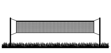 Badminton kortu, mekik ve raket için kapalı alanda boş badminton ağı. Raket sporu oyunu. Yazın ya da sahilde oynamak. Kapalı alan takım sporları. Çizgi deseni ya da şablon. Voleybol oyunu