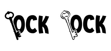 Cartoon slogan lock with key symbol. Open house. For open or unlock the door. clipart