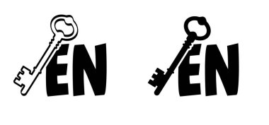 Cartoon slogan open with key symbol. Open house. For open or unlock the door. clipart