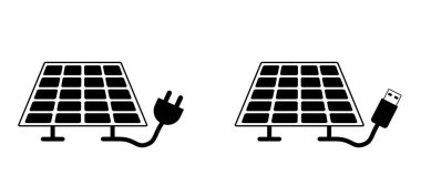 Milieu, güneş panelleri, tak ve oyna. Çevre dostu, güneş enerjisi. Elektrik üreten güneş paneli. Güneş logosu. Pil paneli konsepti. Güneş pilleri simgesi. Ev ya da ev kavramı.