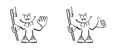 Mutlu çocuklar gülümser ve diş fırçası hijyenik olur. Diş teli figürleri. Ağız banyosu stickman. Çizgi roman tipleri, maskot çizmeleri, ayakkabı, ayak ve kol pozisyonları. Clipart ifadeleri. 