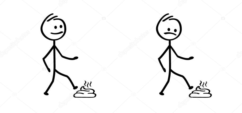Stepping on shit. Foot stepping into dog poop or animal shit. Walk on a dogs turd. Cartoon shoes, shoe and poo logo. walking dogs and their turd. People step on poop. Steps on excrement with his foot.