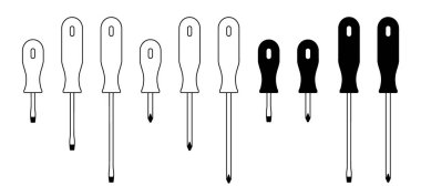 Tornavida seti. Tornavida aletleri. Onarım ve yenileme konsepti. Atölye, montaj aleti. Servis alet çantası ya da alet çantası için. El aracı.