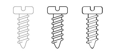 Tornavida seti için çizgi film vidası. İnşaat vidaları. Tornavida aletleri. Onarım ve yenileme konsepti. Kendi kendine delme vidası ya da kendi kendine vurma vidası. Servis alet çantası ya da alet çantası için. El aracı. 
