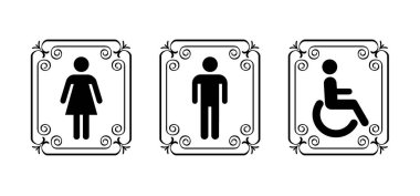 Çubuk adam ya da stickman ve tuvalet logosu. Tuvalet ya da banyo insan tuvaleti. Tuvalet simgesi ya da işaret. Çerçeve ve fayans işareti. Erkekler, kadınlar ve engelliler için tuvalet. beyefendi simgesi.